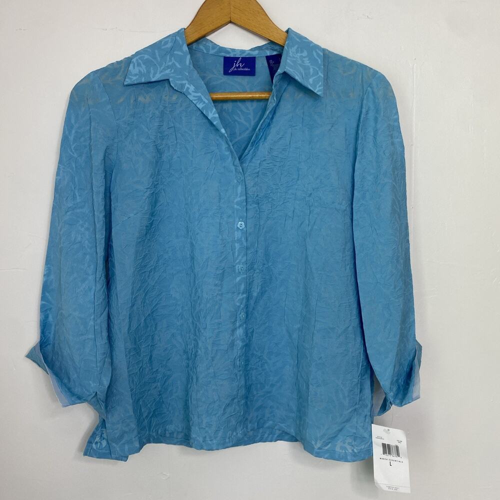 NWT J.H. Collectibles Shirt Womens L Blue Floral Burnout Blouse Button Up Work